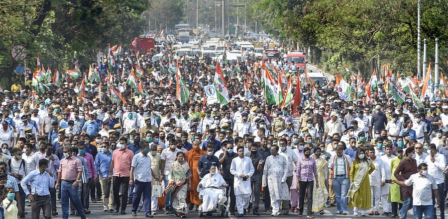 Banerjee joined the five km road show from Mayo Road to Hazra More. Credit: PTI Photo