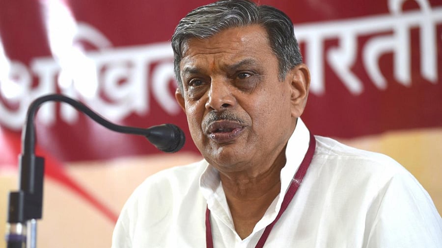 Rashtriya Swayamsevak Sangh newly-elected General Secretary Dattatreya Hosabale addresses a press conference during the 'Akhil Bharatiya Pratinidhi Sabha-21' in Bengaluru. Credit: PTI Photo