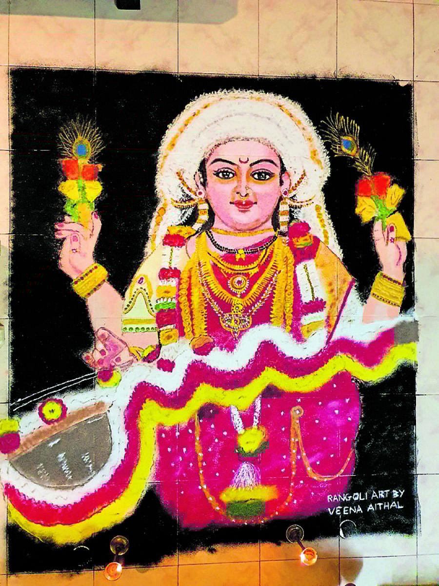 Rangoli art on Goddess Sharada by Veena Aithal.