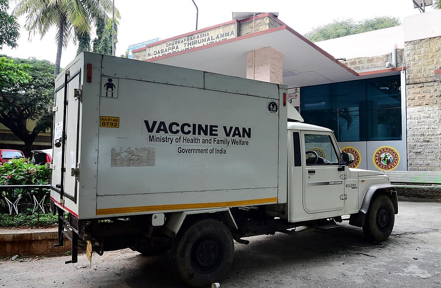 A vaccine van parked outside BBMP Dasappa Hospital near Town Hall. Preparations are afoot for storage and distribution of Covid-19 vaccines. The hospital is one of the many vaccine storage centres in Bengaluru.