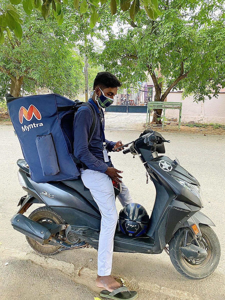 Prasanna Kumar, delivery executive for Myntra and Flipkart, handles 50-60 orders in a day, including returns and exchanges.
