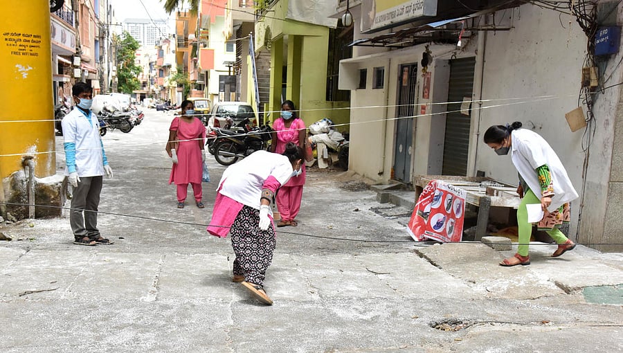 Containment zone in Prakashnagar. Earlier, a radius of 5 km from an infected person’s house was marked out, with a 1 km radius being considered an intensive zone. Now, the restrictions only cover the house.