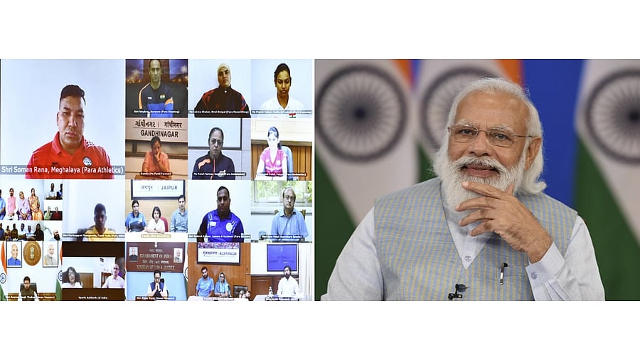 Prime Minister Narendra Modi interacts with the Indian para-athlete contingent for Tokyo 2020 Paralympic Games. Credit: PTI File Photo