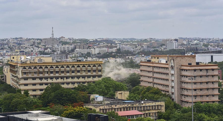 The demolition of the State Secretariat building was underway after the High Court gave permission for the construction of the new Secretariat building, in Hyderabad. Credit: PTI Photo