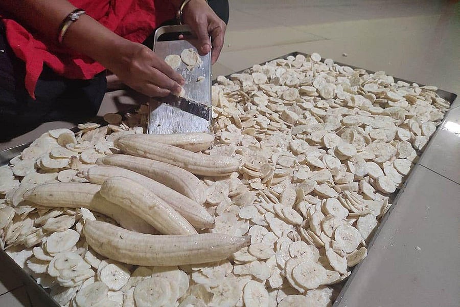 Banana flour being made.