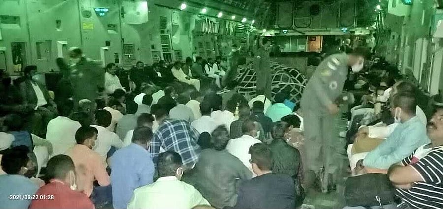 IAF special repatriation flight with 168 passengers onboard, including 107 Indian nationals, is on its way to Delhi from Kabul. Credit: Twitter/@MEAIndia