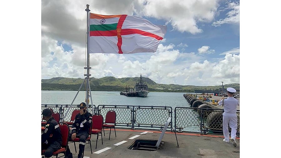 Indian Naval Ships Shivalik and Kadmatt arrived at Guam, an Island Territory of the USA, Saturday, August 21, 2021 as part of their on-going deployment to nations in South East Asia and the Pacific Ocean. The two ships are scheduled to participate in the annual Exercise MALABAR-21, between navies of Australia, India, Japan and the USA. Credit: PTI Photo