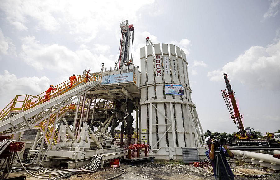 An oil rig manufactured by Megha Engineering and Infrastructures Limited (MEIL) at an Oil and Natural Gas Corp. (ONGC) plant, during a media tour of the plant in Dhamasna village of Gandhinagar. Credit: PTI Photo