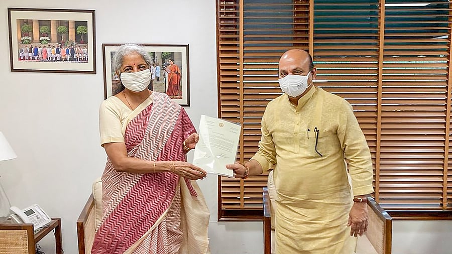 Basavaraj Bommai meets Nirmala Sitharaman. Credit: PTI Photo
