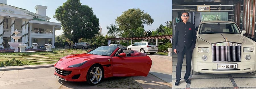 Farookh’s Ferrari Portofino was stopped by RTO officials on Sunday evening. It is priced at Rs 4.17 crore before taxes. (Right) Yousuff Sharief alias D Babu says he bought his 2007 Rolls Royce from his movie idol Amitabh Bachchan in 2019.