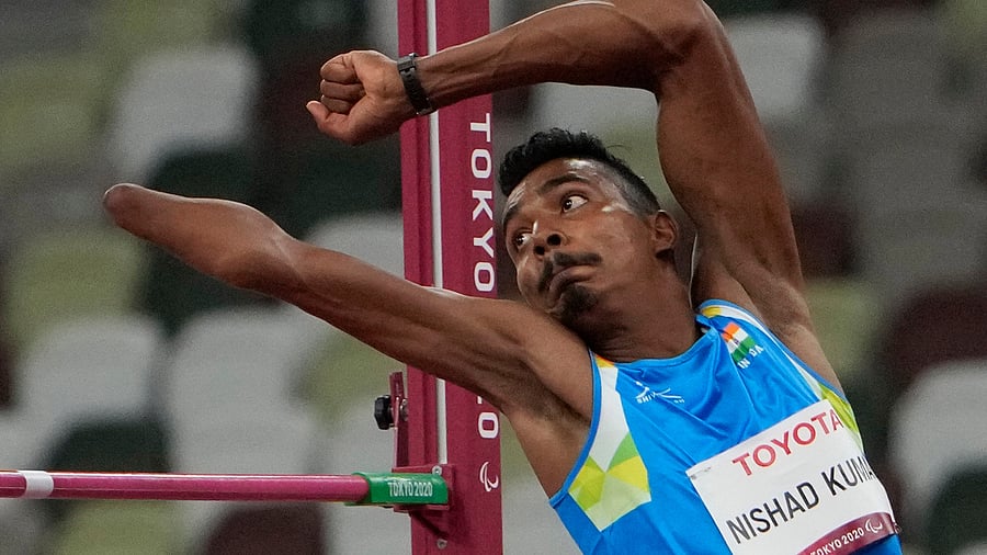 India's Nishad Kumar competes during the men's high jump T47 at the 2020 Paralympics at the National Stadium in Tokyo. Credit: AP Photo