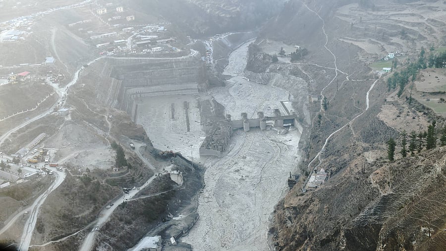 Aerial view shows washed away Tapovan hydel power project plant after Sunday's glacier burst, in Chamoli district of Uttarakhand. Credit: PTI Photo