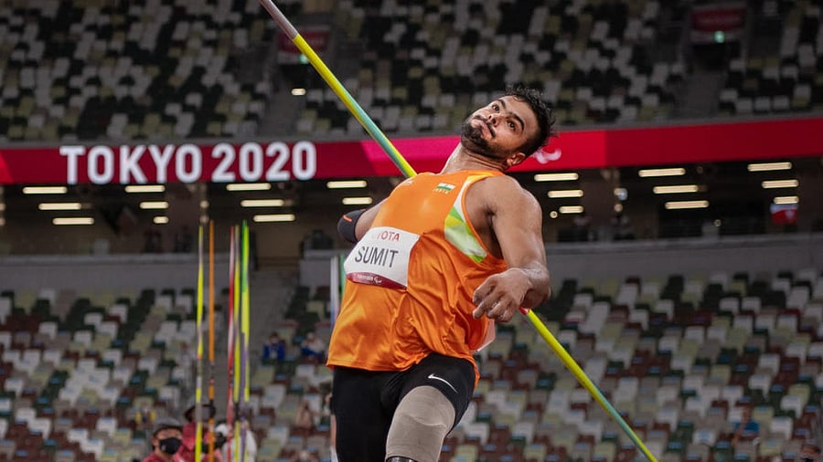  Sumit Antil wins Gold in the men's javelin throw F64 with a new world record of 68.08 at Tokyo 2020 Paralympics in Tokyo. Credit: PTI Photo