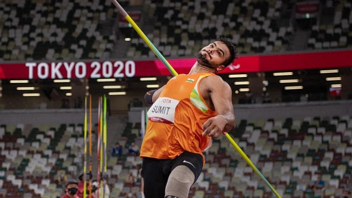Sumit Antil wins Gold in the men's javelin throw F64 with a new world record of 68.08 at Tokyo 2020 Paralympics in Tokyo. Credit: PTI Photo