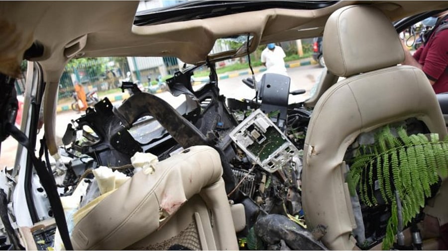 Seven people include the son of Hosur MLA Prakaash Y of the DMK, Karunasagar were killed in a car accident at Koramangala in Bengaluru on Tuesday. A speeding Audi Q3 lost control, climbing onto the footpath before hitting a Punjab National Bank branch building. Credit: DH Photo/BK Janardhan