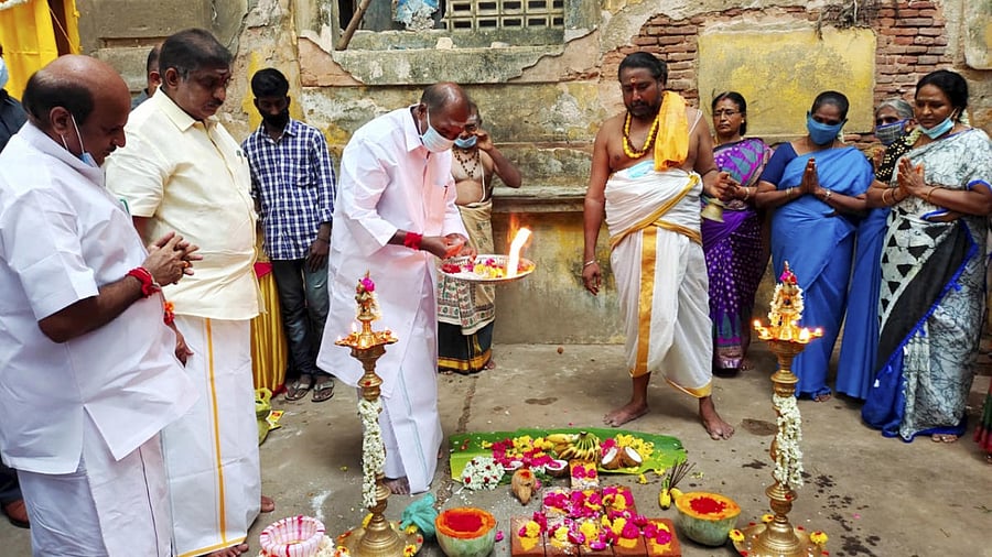 CM N Rangasamy and Home Minister Laxminarayanan perform 'boomi pooja' for the construction of Calve College and VOC School, both to be built exactly as the original building constructed during French colonial era, in Puducherry. Credit: PTI photo