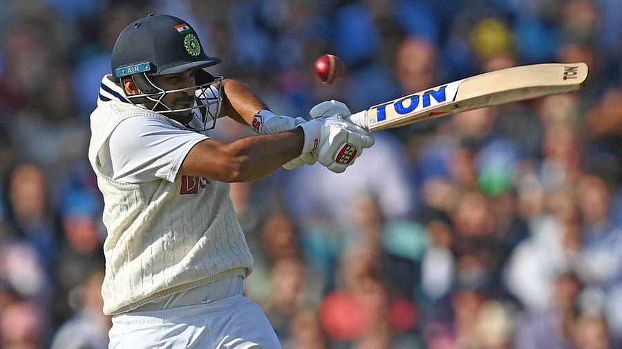 India's Shardul Thakur plays a shot during play on the first day of the fourth cricket Test match between England and India at the Oval cricket ground in London on September 2, 2021. Credit: AFP Photo