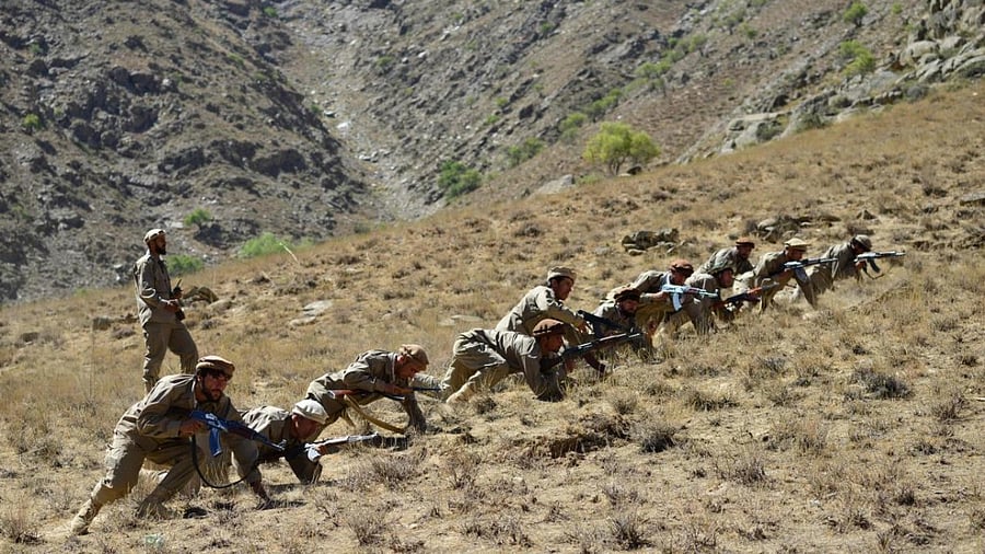 Afghan resistance movement and anti-Taliban uprising forces take part in a military training at Malimah area of Dara district in Panjshir province on September 2, 2021 as the valley remains the last major holdout of anti-Taliban forces. Credit: AFP Photo
