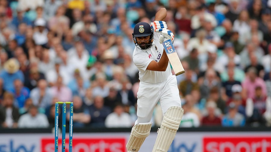 India opener Rohit Sharma plays a shot on Day 3 of the 4th England-India Test at the Oval in London. Credit: Reuters Photo
