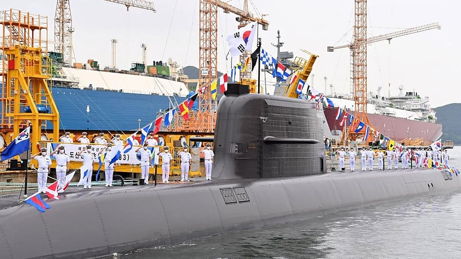 The locally-developed, diesel-powered 3,000-tonne submarine, named after revered independence activist Ahn Chang-ho, during its commissioning ceremony on the southern island of Geoje. Credit: AFP Photo