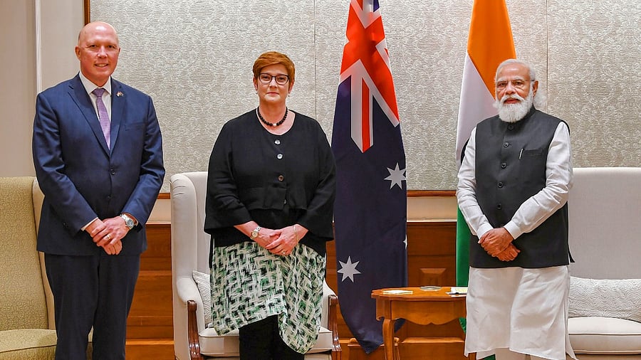 Prime Minister Narendra Modi meets Australian Defence Minister Peter Dutton and Foreign Affairs Minister Marise Payne in New Delhi. Credit: PTI Photo
