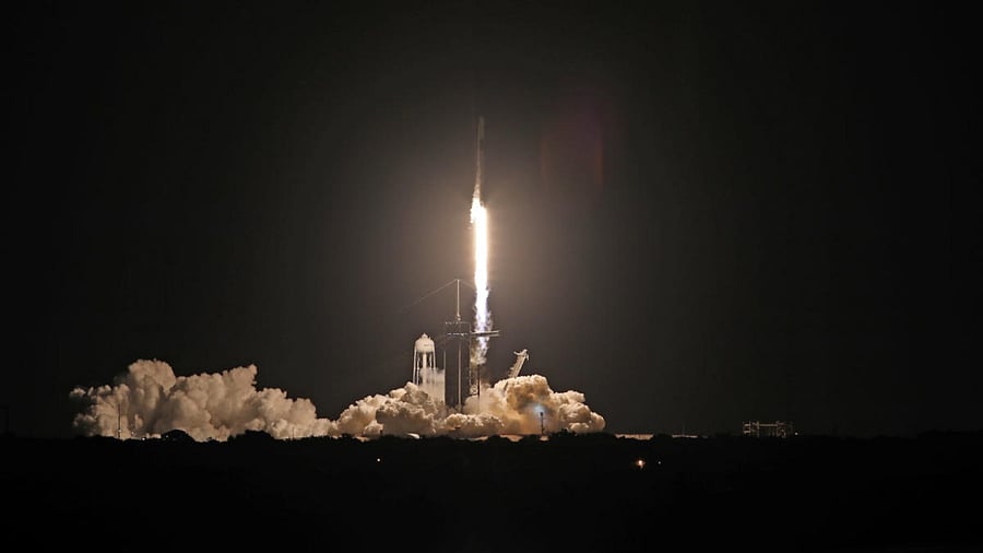 The Inspiration 4 civilian crew aboard a Crew Dragon capsule and SpaceX Falcon 9 rocket launches from Pad 39A at the Kennedy Space Center in Cape Canaveral, Florida. Credit: Reuters Photo