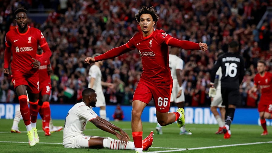 Liverpool's Trent Alexander-Arnold celebrates scoring their first goal. Credit: Reuters Photo