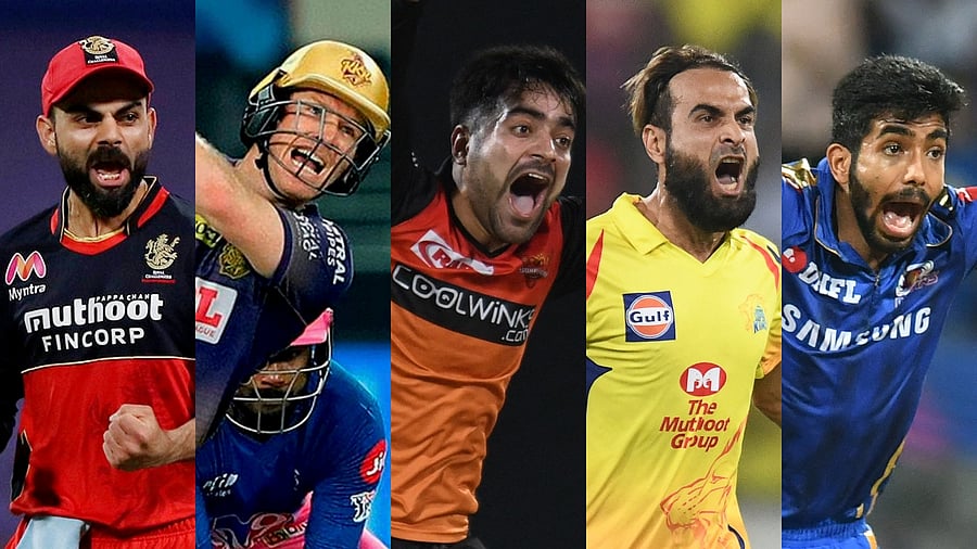Virat Kohli, Eoin Morgan, Rashid Khan, Imran Tahir and Jasprit Bumrah. Credit: PTI/AFP Photos