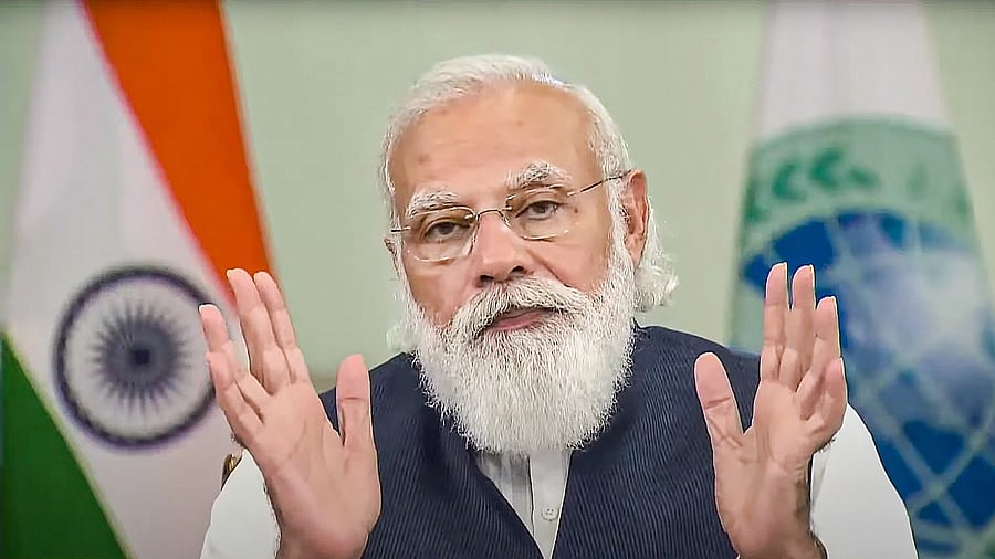 Prime Minister Narendra Modi addresses the SCO Summit 2021 virtually, in New Delhi. Credit: PTI Photo