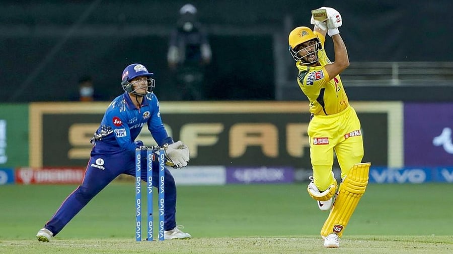 Ruturaj Gaikwad of Chennai Super Kings (CSK) plays a shot during their Indian Premier League (IPL) 2021 cricket match against Mumbai Indians (MI), in Dubai, UAE. Credit: PTI photo/BCCI
