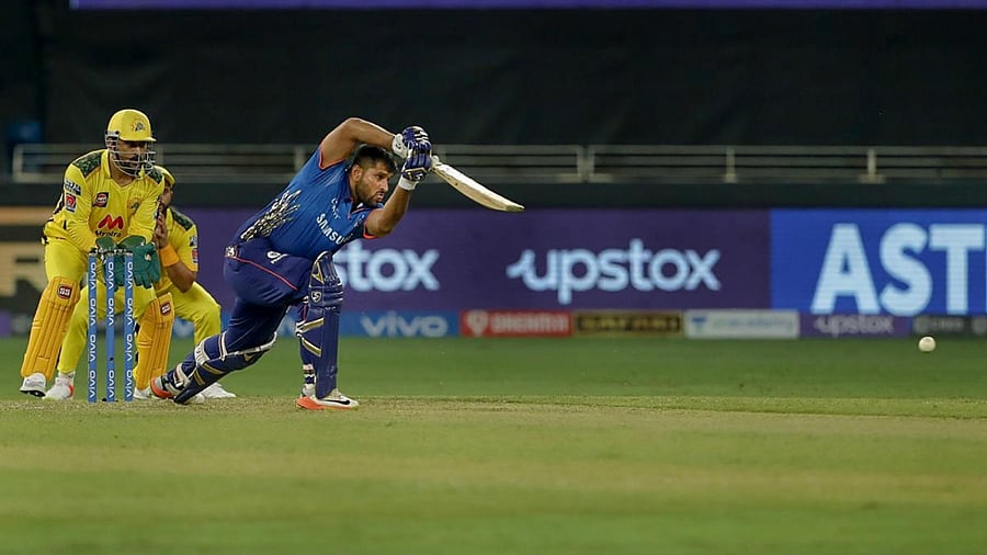  Saurabh Tiwary of Mumbai Indians (MI) plays a shot during their Indian Premier League (IPL) 2021 cricket match against Chennai Super Kings (CSK), in Dubai, UAE. Credit: PTI Photo