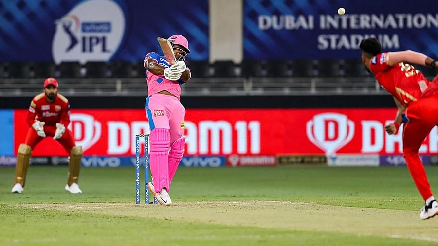Evin Lewis of Rajasthan Royals plays a shot during match 32 of the Vivo Indian Premier League between Punjab Kings and Rajasthan Royals, at Dubai International Stadium. Credit: PTI photo/BCCI