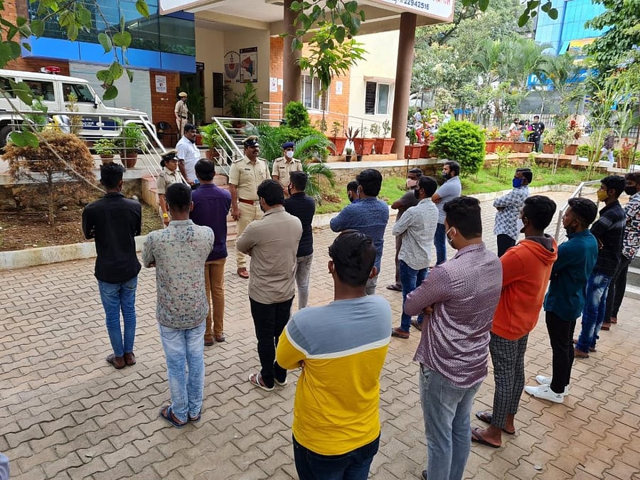 A rowdy parade at a police station in west Bengaluru just ahead of the Ganesha festival earlier this month. Such parades are now a monthly routine, police say. Credit: DH Photo