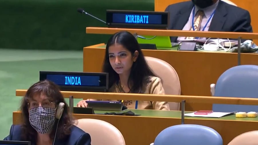 Screengrab from video of First Secretary Sneha Dubey's speech at UNGA. Credit: Twitter/ @IndiaUNNewYork