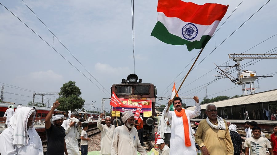 Farmers protest against the farms law in Sonipat. Credit: Reuters Photo