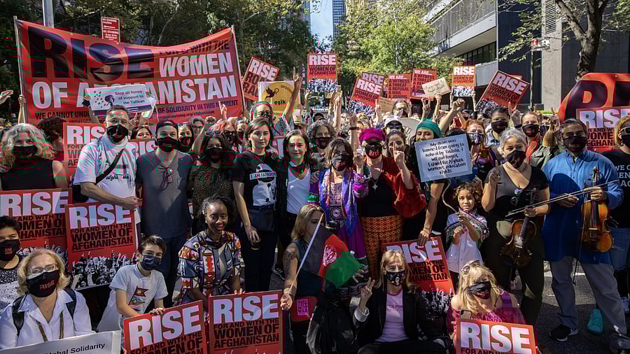 People participate in a Solidarity With Afghan Women rally outside the United Nations headquarters, during the 76th Session of the UN General Assembly, in New York, US, September 25, 2021. Credit: Reuters Photo