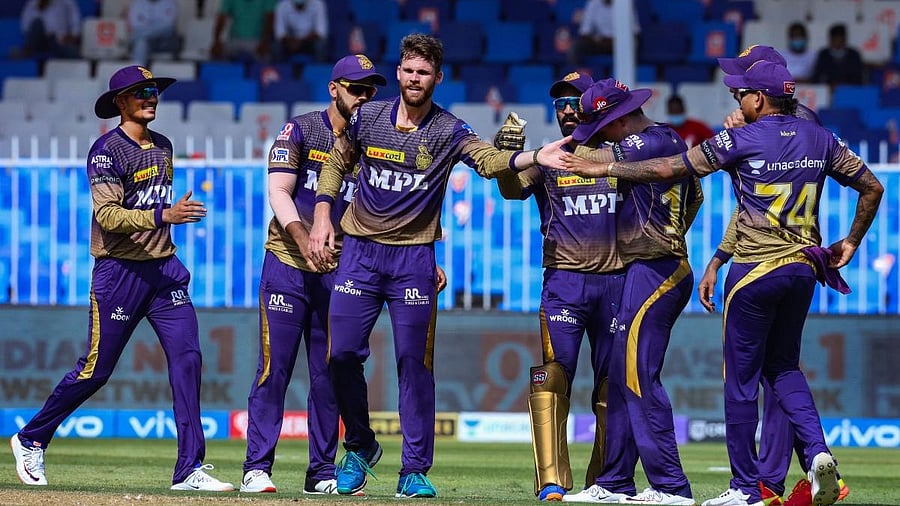 Kolkata Knight Riders Lockie Ferguson celebrate the wicket of Delhi Capitals Shikhar Dhawan during match 41 of the Vivo Indian Premier League between the Kolkata Knight Riders and the Delhi Capitals held at the Sharjah Cricket Stadium in Sharjah. Credit: PTI Photo