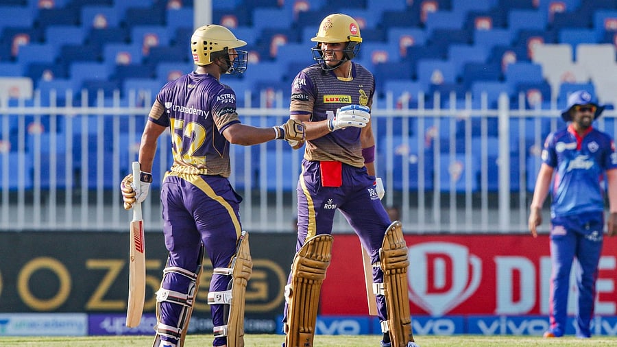 Shubman Gill (R) and Rahul Tripathi of Kolkata Knight Riders during the match against Delhi Capitals in Sharjah. Credit: PTI Photo