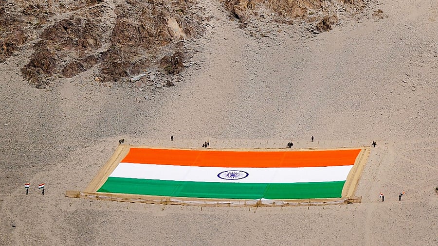 World's largest Khadi national flag installed in Leh on the occasion of Mahatma Gandhi's 152nd birth anniversary. Credit: PTI Photo