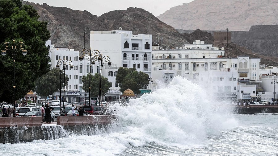 High waves break on the Mutrah sea side promenade in the Omani capital Muscat as the Shaheen tropical storm hits the country. Credit: AFP File Photo