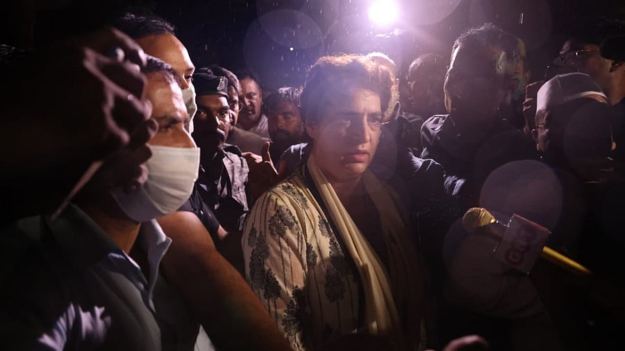 Congress general secretary Priyanka Gandhi Vadra and other party leaders reach to meet the victims of the violence that erupted during a farmers' protest and claimed eight lives a day earlier, in Lakhimpur Kheri. Credit: Twitter/@rssurjewala