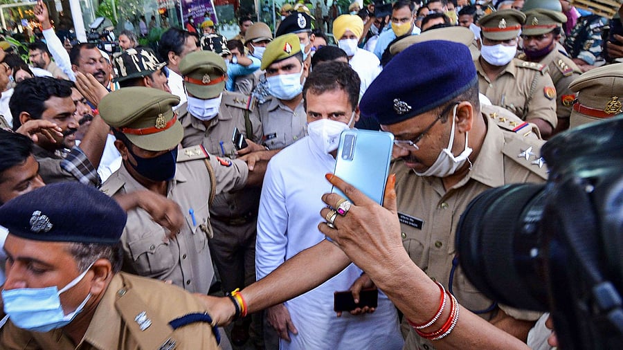 Congress leader Rahul Gandhi leaves from Chaudhary Charan Singh airport in Lucknow, Wednesday. Credit: PTI Photo
