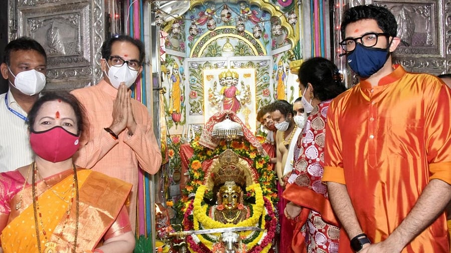 Maharashtra CM Udhhav Thackeray and his family visit a temple on the first day of the Navratri in Mumbai. Credit: PTI Photo