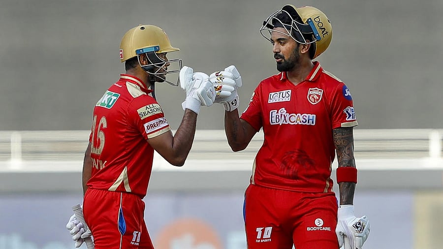 KL Rahul of Punjab Kings and Mayank Agarwal of Punjab Kings during match 53 of the Indian Premier League between the Chennai Super Kings and Punjab Kings at the Dubai International Stadium. Credit: PTI Photo/Sportspicz for IPL
