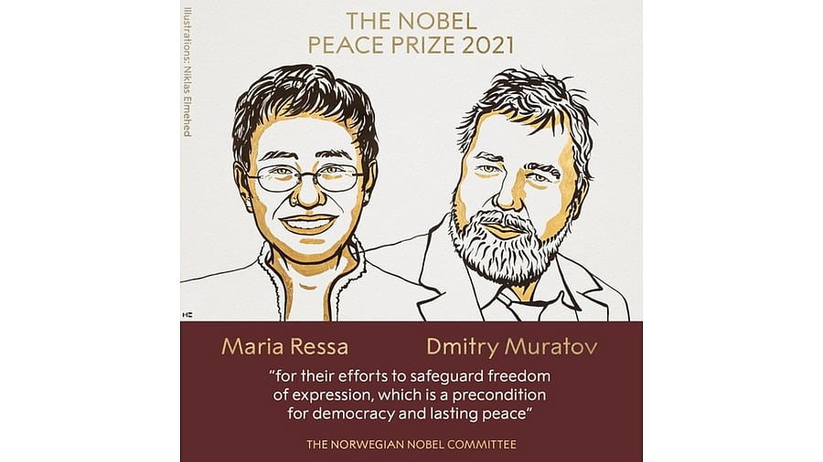 Ressa in 2012 co-founded Rappler, a news website that has focused “critical attention on the (President Rodrigo) Duterte regime's controversial, murderous anti-drug campaign,” the Nobel committee said. Muratov was one of the founders of the independent Russian newspaper Novaya Gazeta in 1993. Credit: Twitter/ @NobelPrize