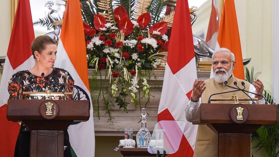 Prime Minister Narendra Modi (R) with Denmark's Prime Minister Mette Frederiksen (L). Credit: PTI File Photo