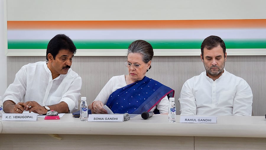 Congress President Sonia Gandhi, General Secretary K C Venugopal, and Rahul Gandhi. Credit: PTI Photo