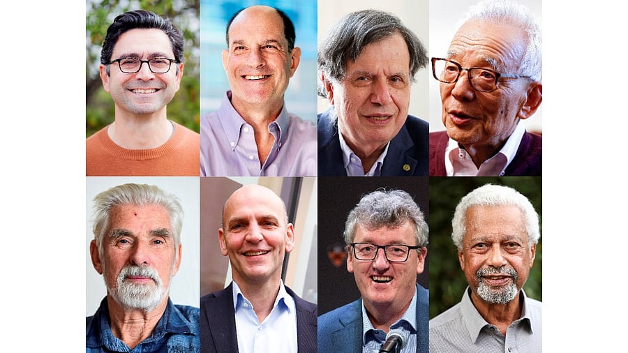 A combination image shows the eight winners of the 2021 Nobel Prizes in medicine, chemistry, physics and literature. Credit: Reuters Photo