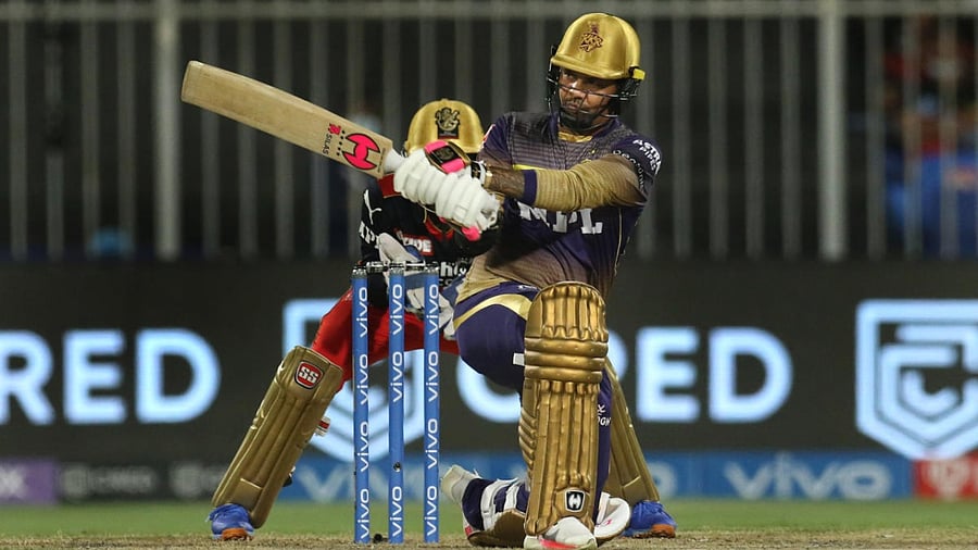 Sunil Narine of Kolkata Knight Riders bats during the Indian Premier League eliminator cricket match between Royal Challengers Bangalore and Kolkata Knight Riders, at the Sharjah Cricket Stadium in Sharjah, UAE. Credit: PTI Photo