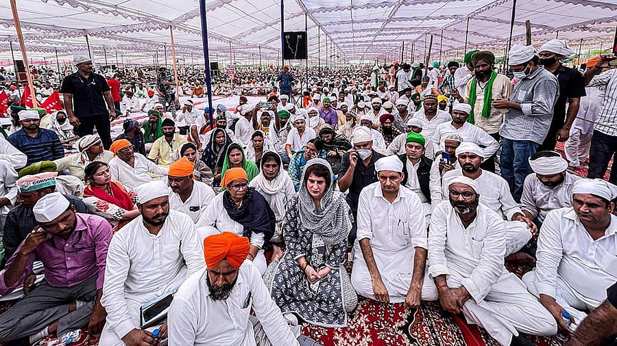 Congress leader Priyanka Gandhi Vadra, attends the 'Antim Ardas' of farmers who killed in Lakhimpur Kheri incident, at Tikonia. Credit: PTI Photo